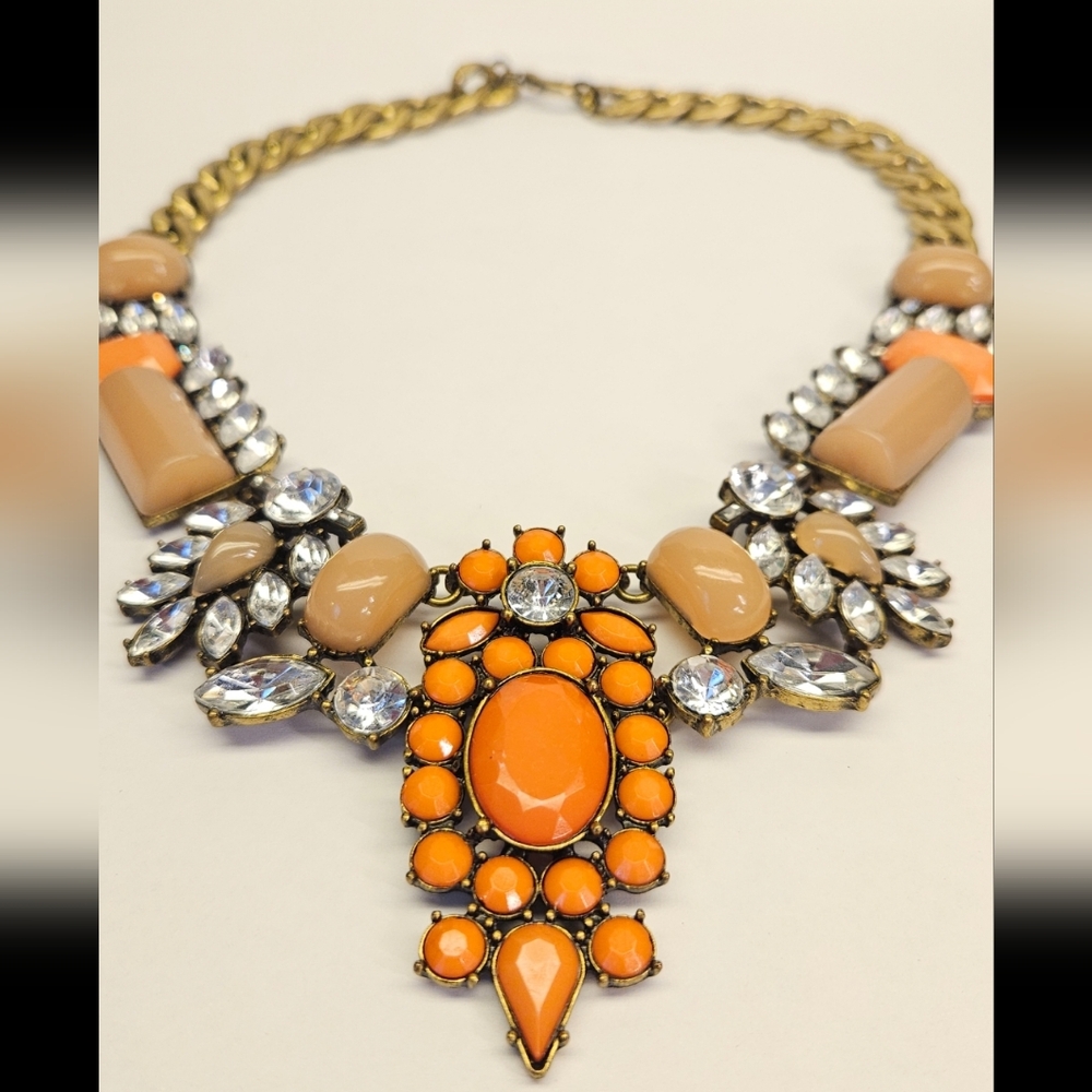 Orange and Clear Rhinstone Goldtone Statement Necklace